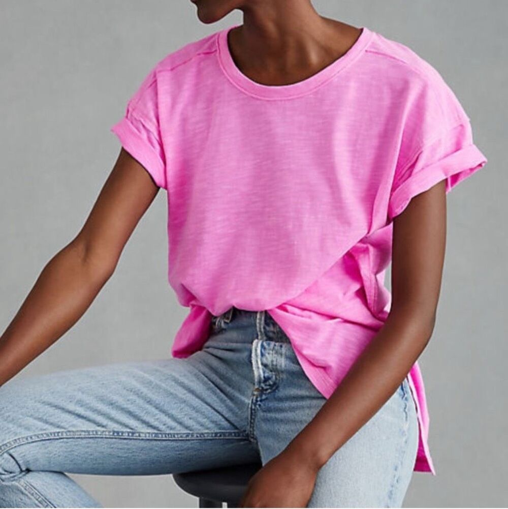ANTHRO X Pilcro Jordyn Cotton Slub Oversized Crew Neck Tee hot pink S NWOT